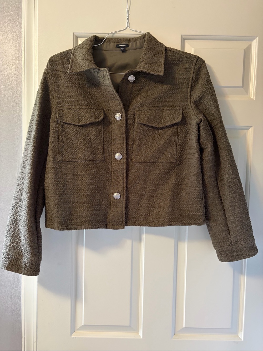 Express Tweed Novelty Button Cropped Shacket
